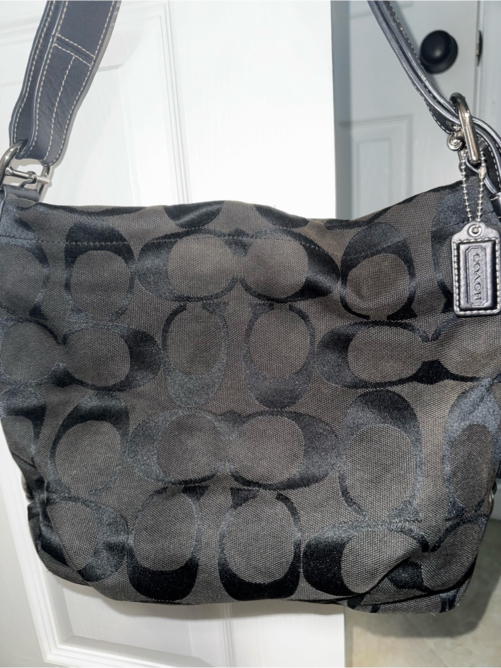 Coach Black Signature Jacquard Shoulder Hobo Bag with Logo Tag